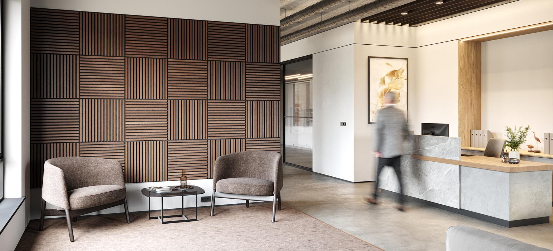Fotorealistische 3D-Visualisierung eines modernen Empfangsbereichs mit Lounge-Sesseln und Holzlamellenwand