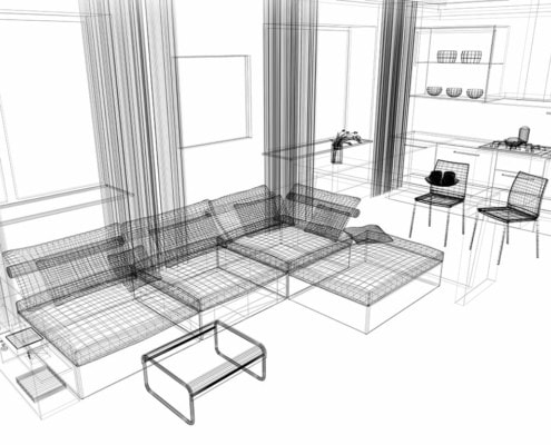 Wireframe eines Wohnzimmers mit Sofa, Couchtisch, Vorhängen und offener Küche – frühe Modellierungsphase ohne Materialien.