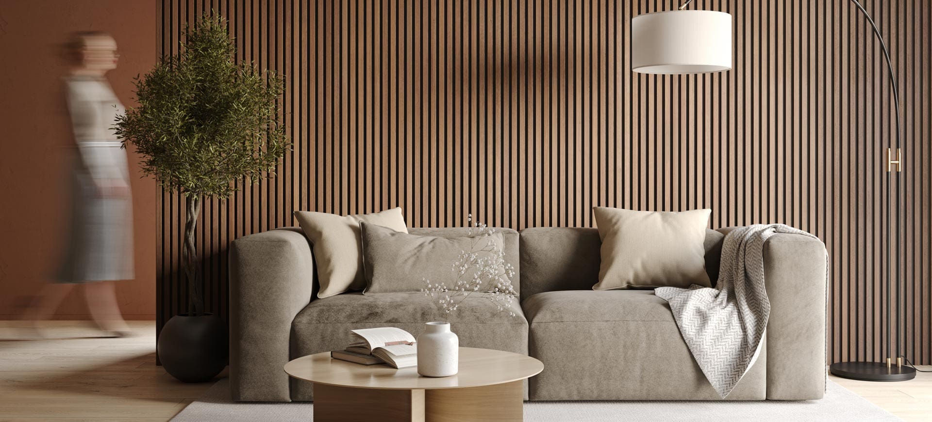 Fotorealistische 3D-Visualisierung eines modernen Wohnzimmers mit Sofa, Holzpaneel-Wand und dekorativen Elementen