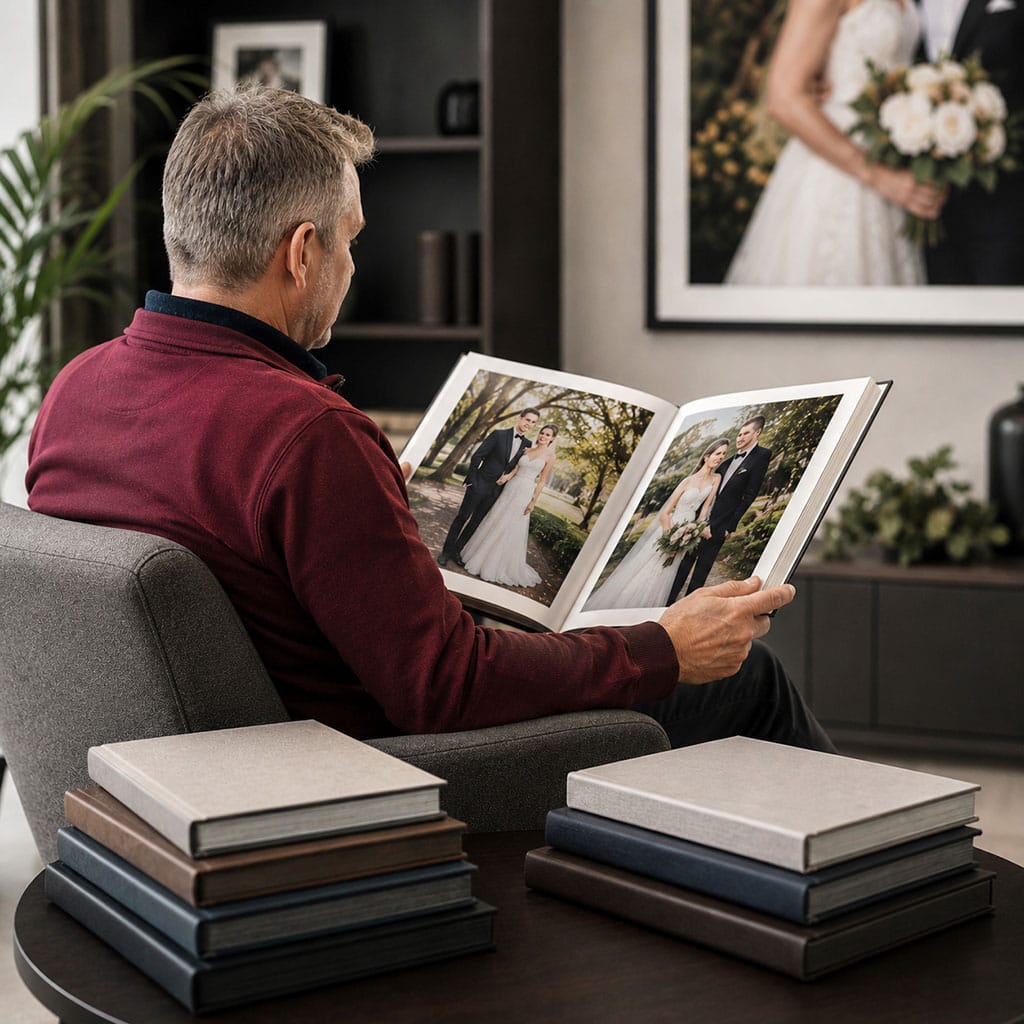 Erfahrener Hochzeitsfotograf sitzt von hinten im Sessel und betrachtet ein geöffnetes Hochzeitsalbum, während weitere Alben auf dem Tisch liegen.