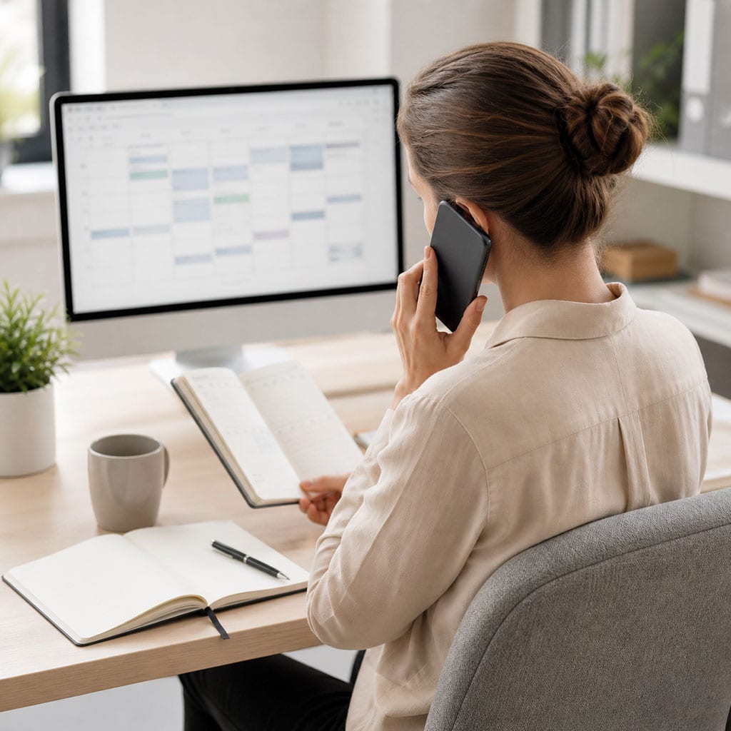 Frau telefoniert am Schreibtisch und blickt auf einen Monitor mit Kalenderansicht und Terminplanung.