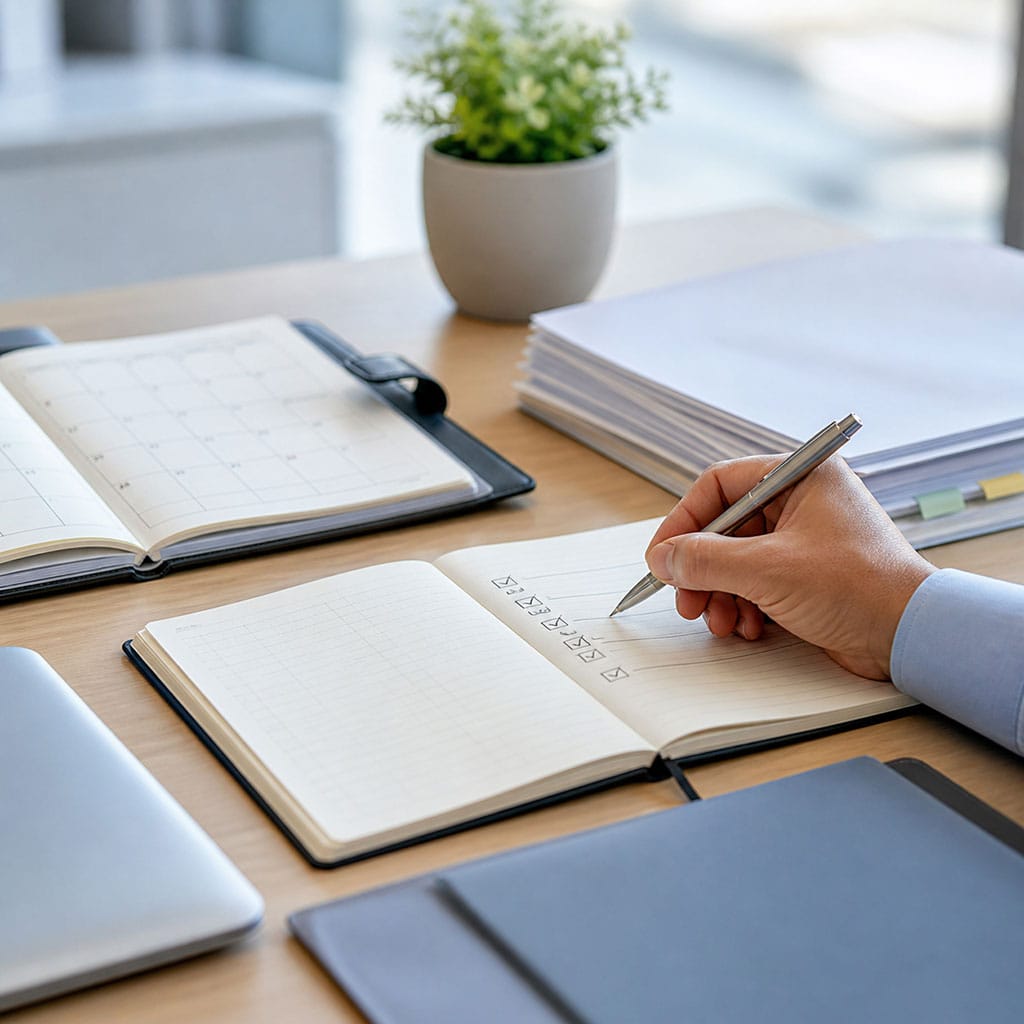 Schreibtisch mit Kalender, Notizbuch und handschriftlichen Notizen zur Vorbereitung einer Hochzeit.