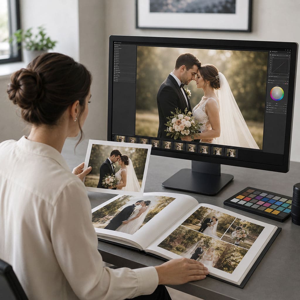 Frau prüft ein Hochzeitsfoto am Monitor und vergleicht es mit einem Fotoabzug und einem geöffneten Hochzeitsalbum.