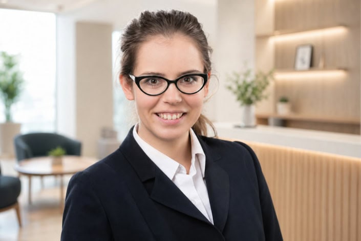 Freundliches Businessportrait in moderner Büroumgebung Bewerbungsfoto einer Frau mit Brille im dunklen Blazer