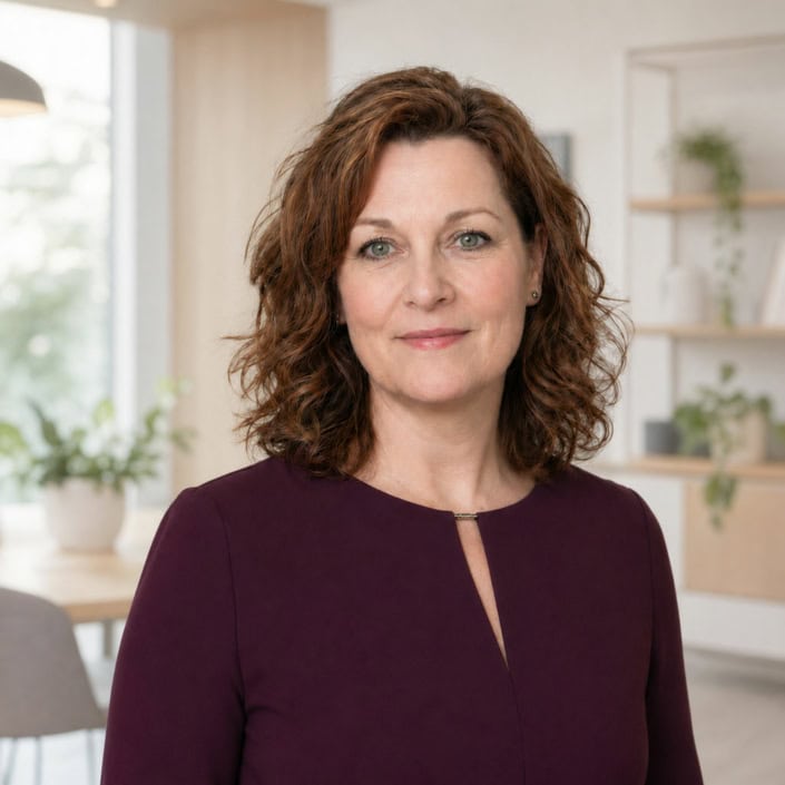 Frau mit lockigem Haar in dunklem Oberteil vor hellem Businesshintergrund