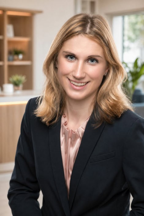 Professionelles Businessportrait mit freundlicher Ausstrahlung Professionelles Businessporträt einer Frau in heller Büroumgebung
