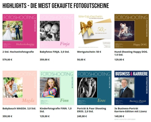 Screenshoot von der Webseite des Online-Shops mit Fotogutscheinen