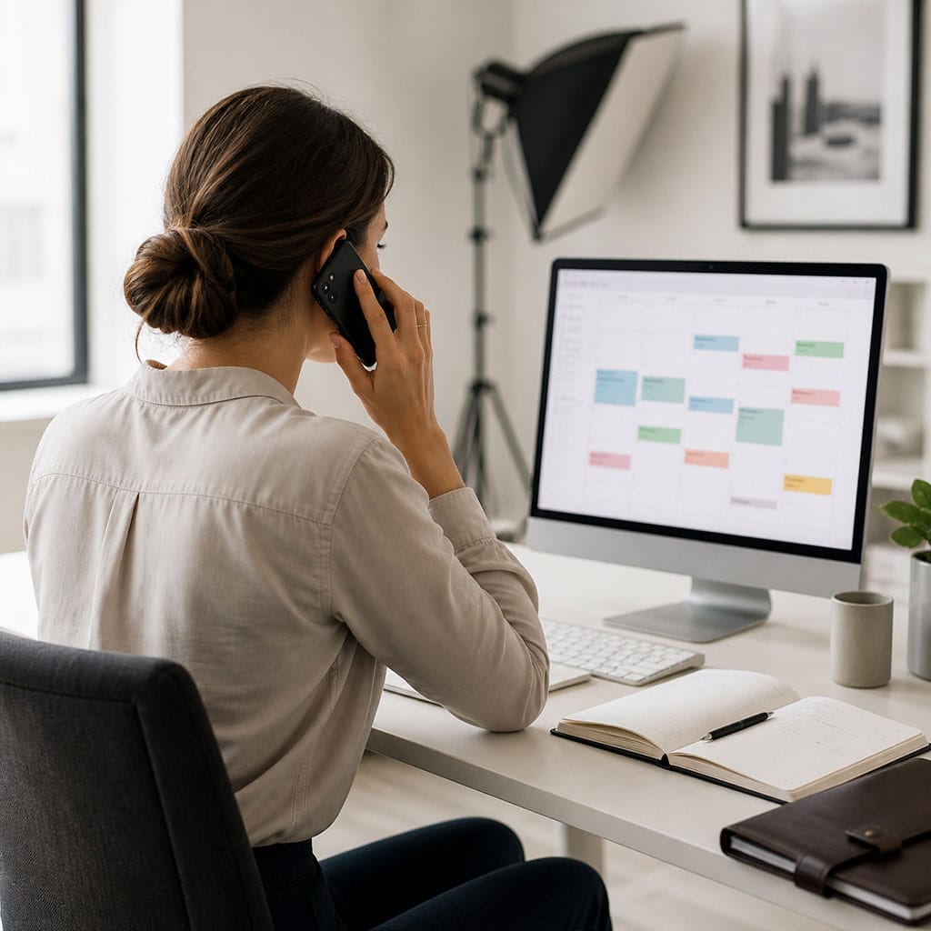 Mitarbeiterin telefoniert am Arbeitsplatz zur Terminplanung im Fotostudio