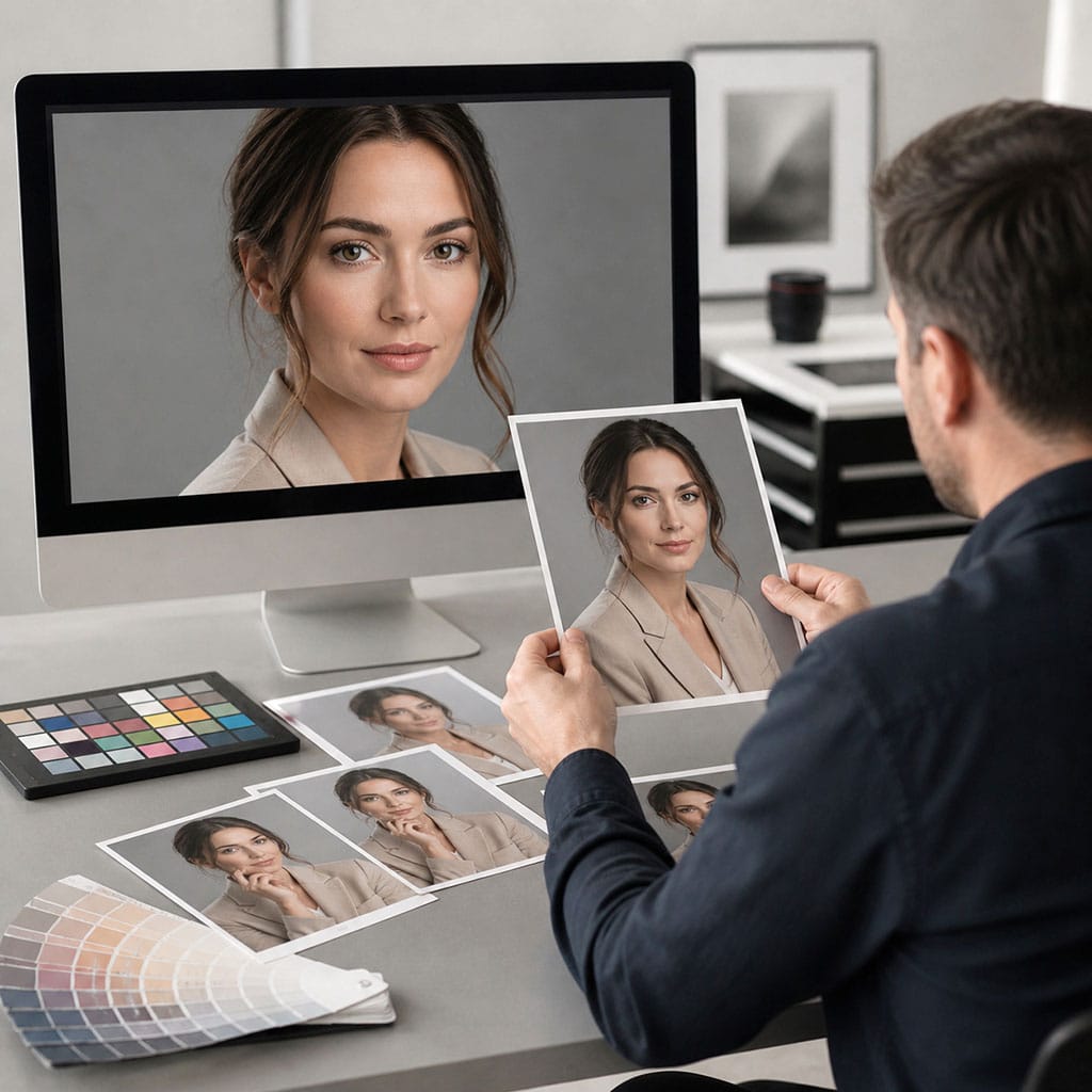 Sorgfältige Bildkontrolle eines Businessporträts am Monitor und als Ausdruck
