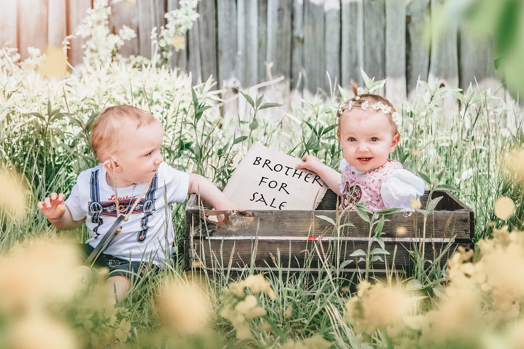 Fotoshooting im Kinderhort. Zwei Babys sitzen auf der Blumenwiese