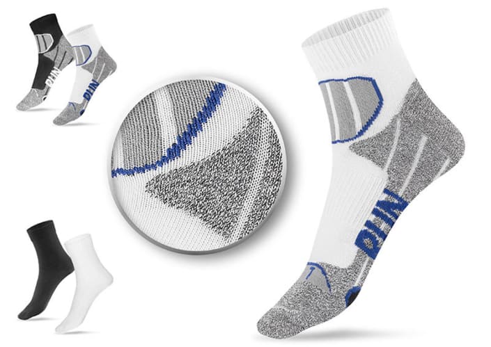 Socken mit Detailansicht von Material und Struktur auf weißem Hintergrund