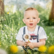 Das Kinderfoto zeigt ein Baby in sommerlicher Kleidung auf einer Wiese sitzend, mit einer Pusteblume in der Hand.
