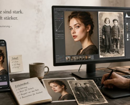 Arbeitsplatz mit Smartphone und Monitor: links eine automatische KI-Bildbearbeitung auf dem Handy, rechts professionelle Retusche und Fotorestaurierung am Bildschirm mit Porträt und historischem Foto.