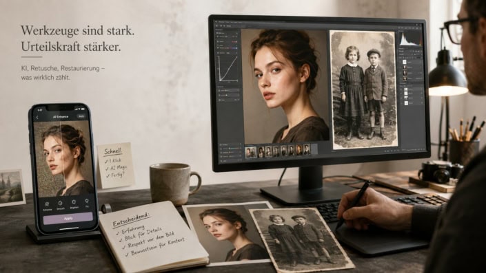 Arbeitsplatz mit Smartphone und Monitor: links eine automatische KI-Bildbearbeitung auf dem Handy, rechts professionelle Retusche und Fotorestaurierung am Bildschirm mit Porträt und historischem Foto.