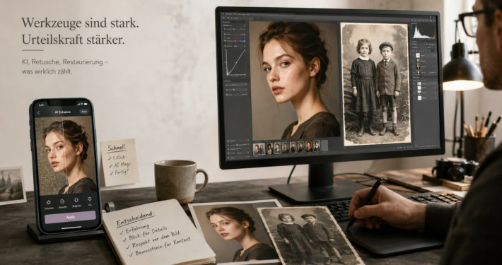 Arbeitsplatz mit Smartphone und Monitor: links eine automatische KI-Bildbearbeitung auf dem Handy, rechts professionelle Retusche und Fotorestaurierung am Bildschirm mit Porträt und historischem Foto.