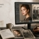 Arbeitsplatz mit Smartphone und Monitor: links eine automatische KI-Bildbearbeitung auf dem Handy, rechts professionelle Retusche und Fotorestaurierung am Bildschirm mit Porträt und historischem Foto.