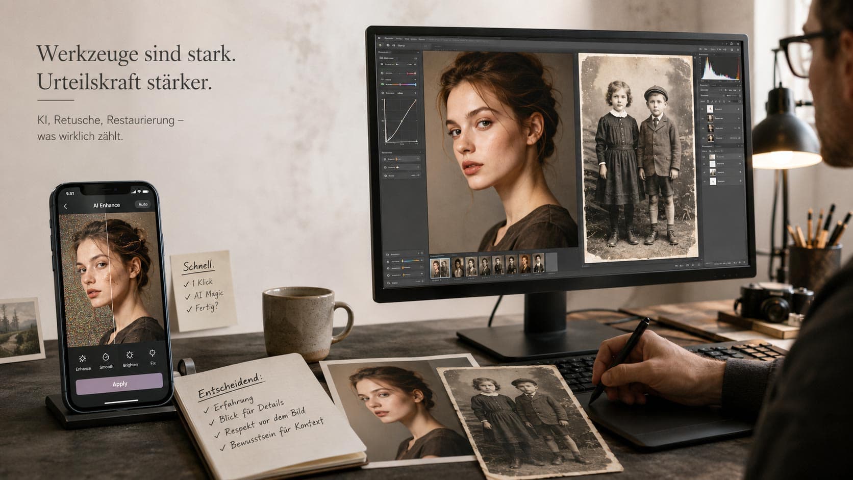 Werkzeuge sind stark. Urteilskraft stärker. Arbeitsplatz mit Smartphone und Monitor: links eine automatische KI-Bildbearbeitung auf dem Handy, rechts professionelle Retusche und Fotorestaurierung am Bildschirm mit Porträt und historischem Foto.