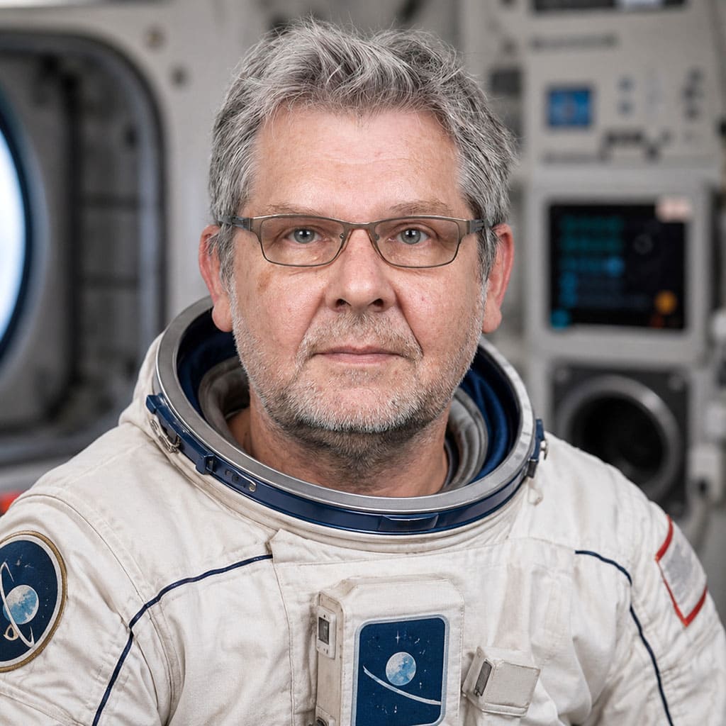 KI setzt eine reale Person in eine erfundene Rolle KI-generiertes Porträt von Martin in einem Astronautenanzug vor einer Raumstationskulisse.