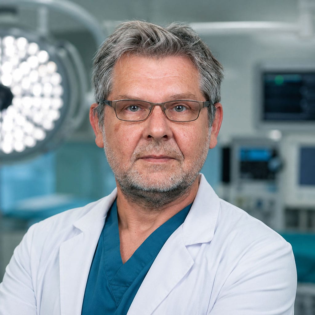 KI-Bild mit erfundener Berufsrolle KI-generiertes Porträt von Martin Kaczmarski in Arztkleidung und weißem Kittel vor einer unscharfen Operationssaal-Umgebung.
