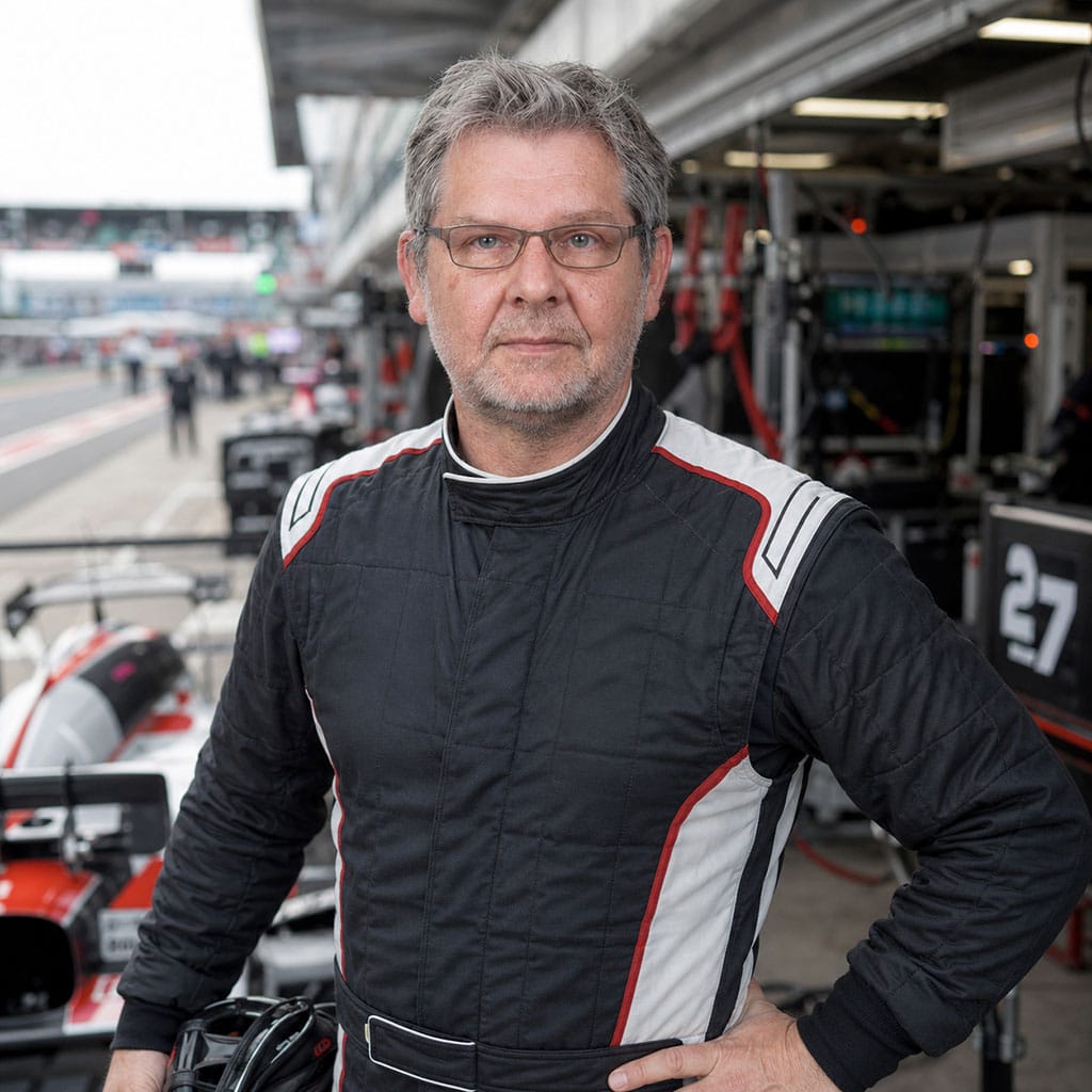 Erfundene Motorsport-Szene mit realer Person KI-generiertes Bild von Martin im Rennanzug in einer Formel-1-ähnlichen Boxengasse, aufgenommen etwa ab Hüfthöhe.