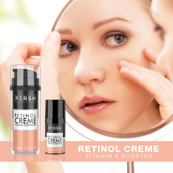 Beauty-Produkt mit Model und Retinol-Creme in einer werblichen Komposition