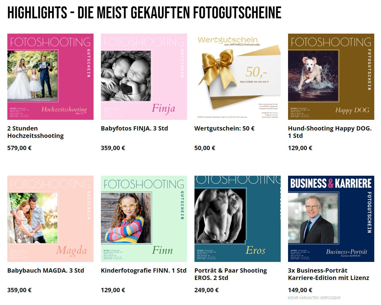 Screenshoot von der Webseite des Online-Shops mit Fotogutscheinen