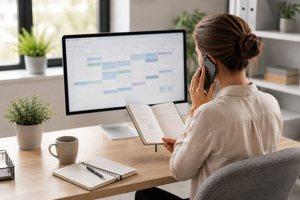 Eine Person sitzt am Schreibtisch vor einem Monitor mit Kalenderansicht und organisiert Termine.